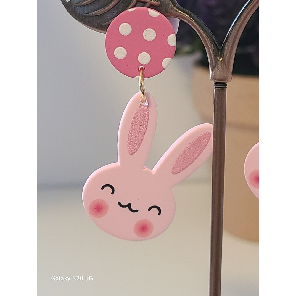 Pink Bunny Rabbit Polka Dot Drop Stud Earrings Handmade Jewelry NEW Easter - Picture 2 of 8